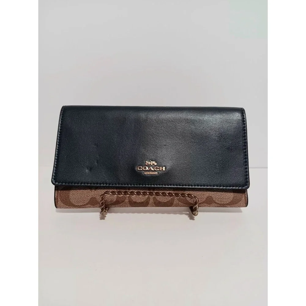 COACH Trifold Wallet Mid-Night Blue Leather / Signature Tan Canvas 88024